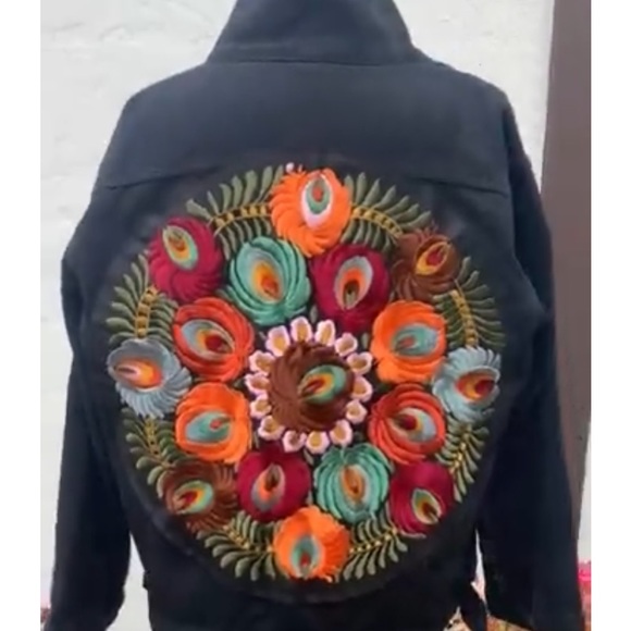 Black Denim Jacket-embroidered back-beautiful colors-Bohemian - Picture 1 of 3